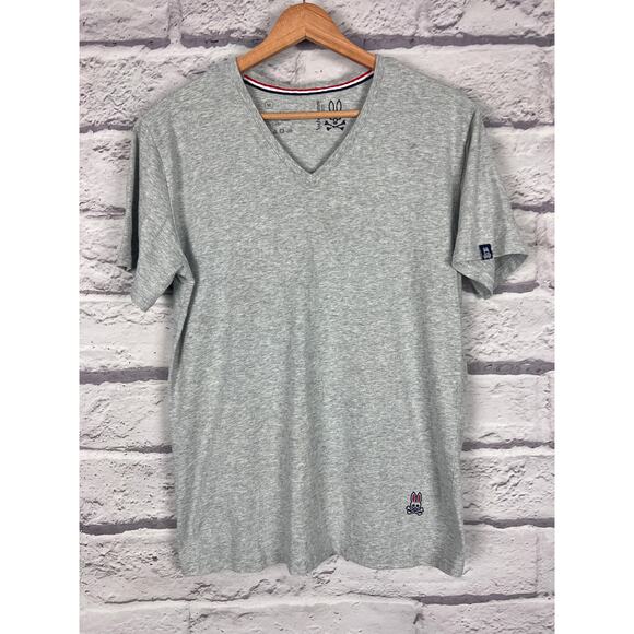 PSYCHO BUNNY Men's M Heathered Gray Silicon Logo V-Neck Cotton Blend T-Shirt - Picture 2 of 8